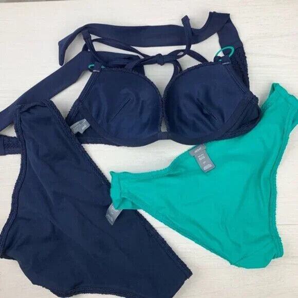 Aerie Push-Up Bikini Top 32A + 2 Hipster Bottoms S/P Set – Navy/Aqua - Picture 4 of 6